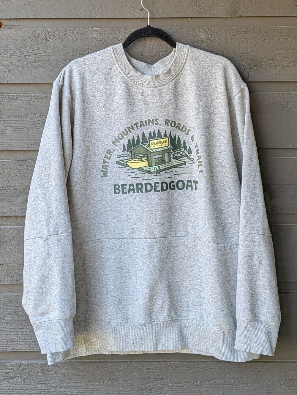 Bearded Goat Grey Graphic Crewneck Sweatshirt Water Mountains Roads Trails XL